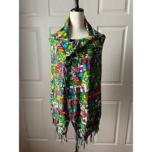 Bali Blue Colorful Cityscape Print Wrap Shawl Scarf One Size | Wearable Art